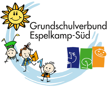 Logo: Grundschulverbund Espelkamp-Süd GSV mit strahlender gelber Sonne, fröhlichen Kindern und den Standorten Benkhausen, Isenstedt, Frotheim in Blau, Grün Gelb.